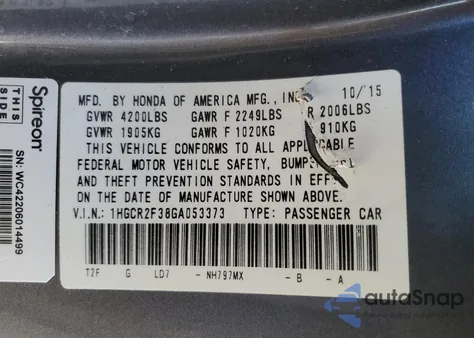 2016 Honda Accord Lx z USA, uszkodzony, nr VIN 1HGCR2F38GA053373